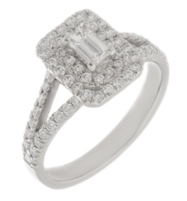 Double halo Emerald cut diamond cluster ring with round diamond set split shoulders main image