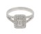 Double halo Emerald cut diamond cluster ring with round diamond set split shoulders angle view