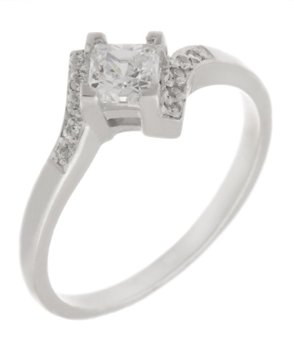 Princess cut diamond solitaire crossover ring with round diamond set shoulders main image