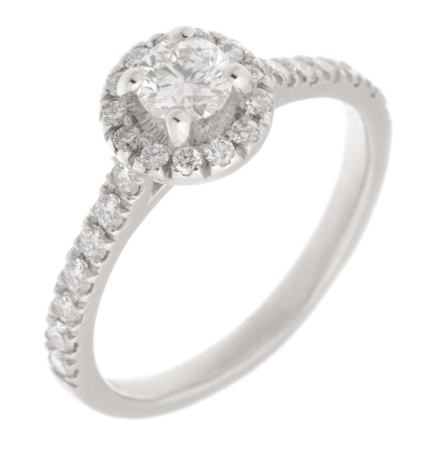 Round brilliant cut diamond halo engagement ring with diamond set single shoulders main image
