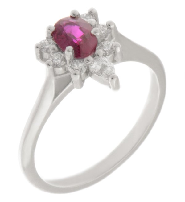 Oval ruby and round and pear shape diamond half cluster ring main image