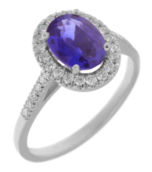 Classic claw set oval Tanzanite with round diamond halo ring main image