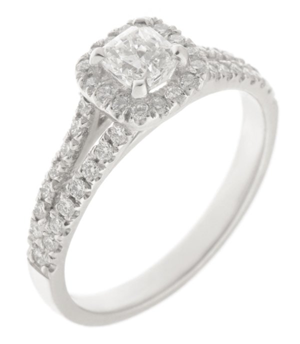 Cushion cut diamond halo engagement ring with diamond set split shoulders main image