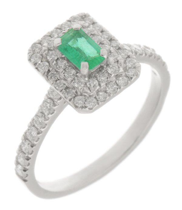 Double halo green Emerald cluster ring with round diamond set shoulders main image