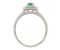 Double halo green Emerald cluster ring with round diamond set shoulders side view