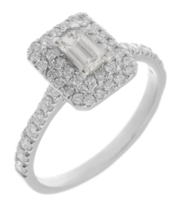 Double halo Emerald cut Diamond cluster ring with round diamond set shoulders main image