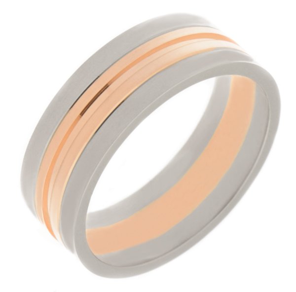 Red and white gold flat court wedding band with centre groove design main image