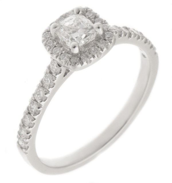Cushion cut diamond halo engagement ring with diamond set shoulders main image
