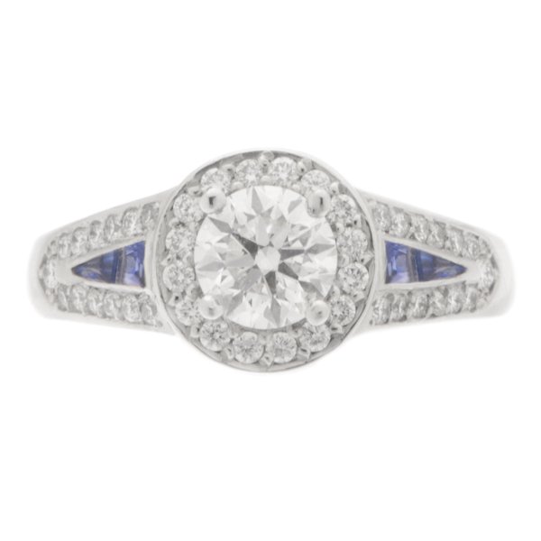 Art Deco style round Diamond and blue Sapphire halo cluster ring top view