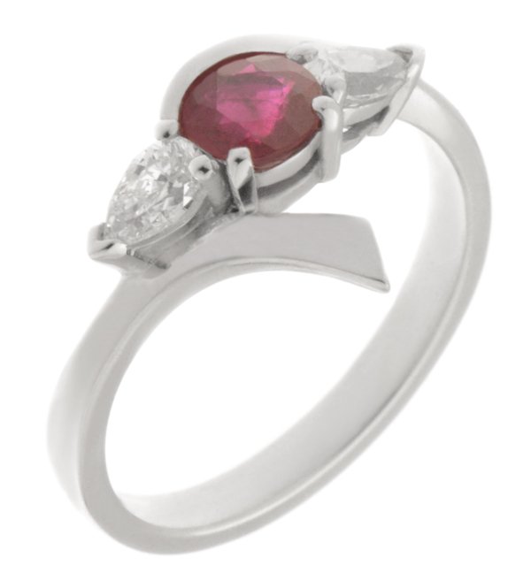 Layla modern round ruby and pear diamond trilogy ring main image