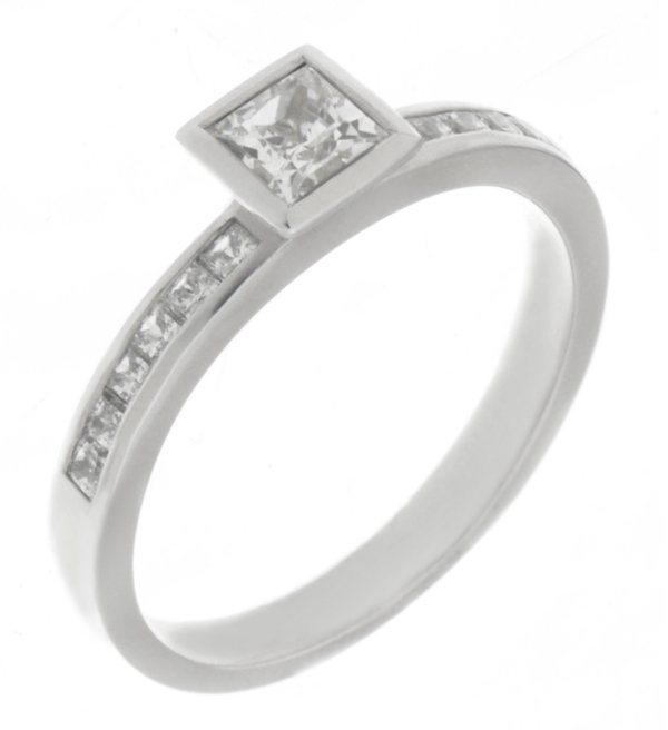 Devona princess cut diamond rubover solitaire engagement ring with diamond set band main image