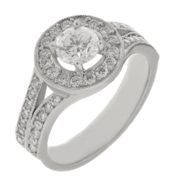 Art Deco style round brilliant cut diamond halo cluster ring with split shoulders main image