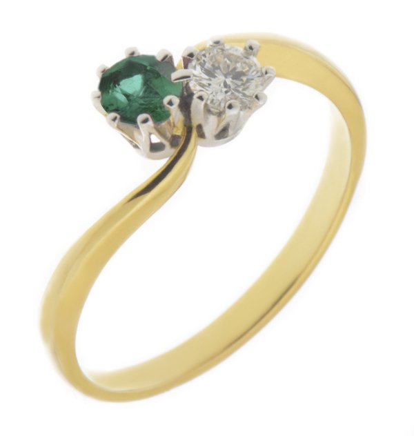 Duelette two stone crossover round emerald and diamond ring main image