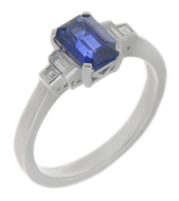 Art deco Enzo Emerald cut blue Sapphire and baguette diamond ring main image