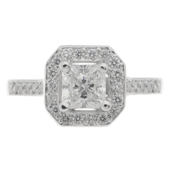 Luciana Art deco Radiant cut and round diamond halo cluster ring top view