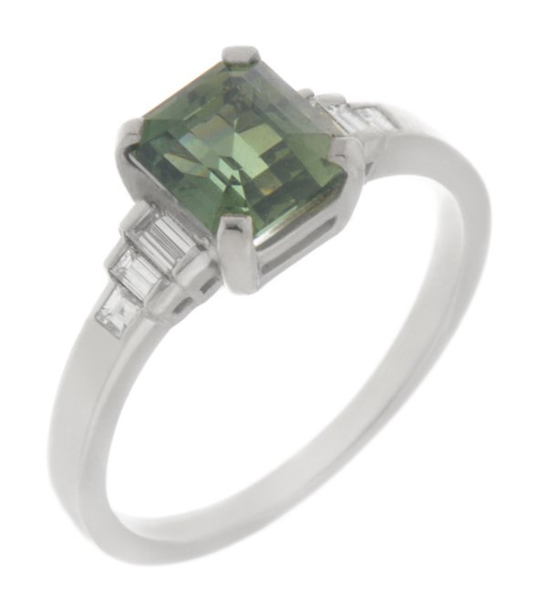 Art deco emerald cut green sapphire and baguette diamond ring main image