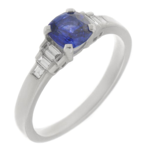 Art deco cushion cut blue sapphire and baguette diamond ring main image
