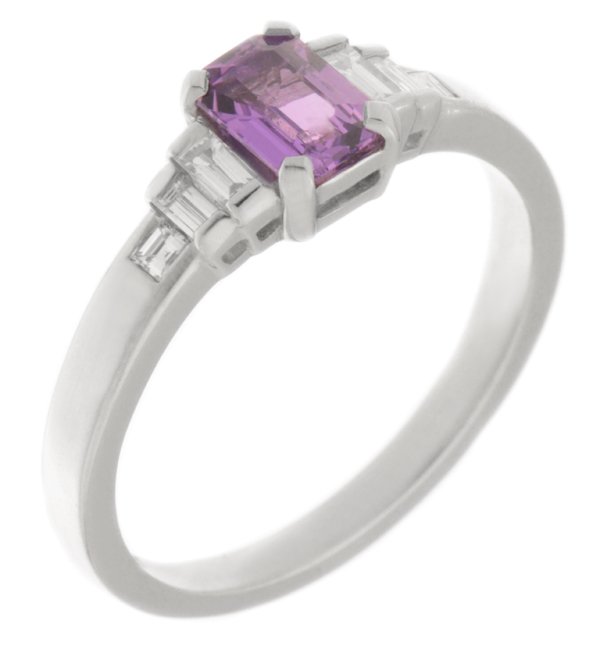 Art deco emerald cut purple sapphire and baguette diamond ring main image