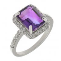 Classic emerald cut octagon Amethyst and round diamond halo cluster ring