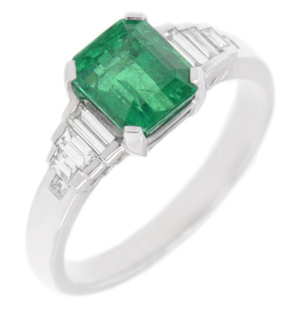 Art deco style emerald cut emerald and baguette diamond ring main image