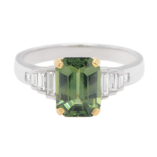 Art deco emerald cut 3ct green sapphire and baguette diamond ring main image