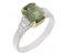 Art deco emerald cut 3ct green sapphire and baguette diamond ring angle view