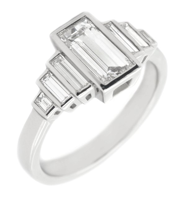 Art deco rubover baguette cut diamond engagement ring main image