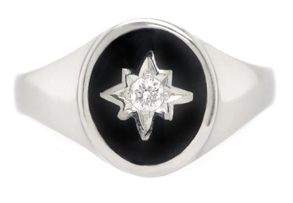 Oval black enamel and diamond star set signet ring main image