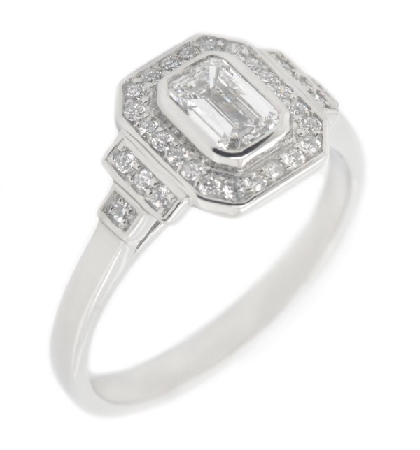 Art Deco style Emerald cut Diamond and round diamond cluster ring main image
