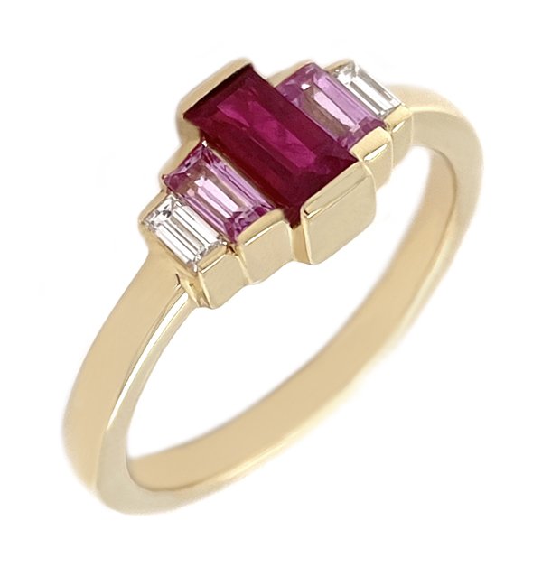 Art Deco style baguette cut Ruby pink Sapphire and Diamond bar set ring main image