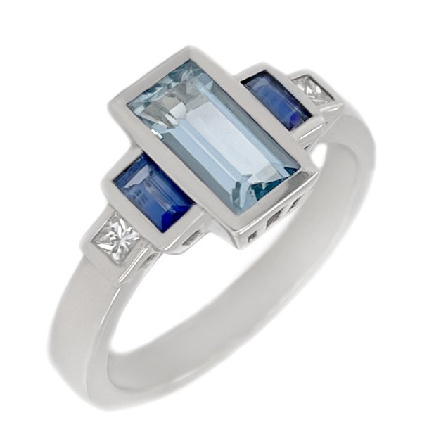 Art deco style baguette cut Aqua blue sapphire and diamond ring main image