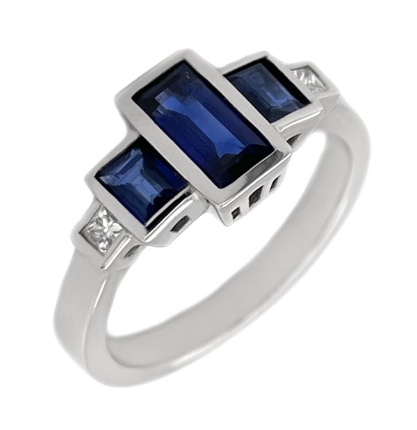 Art deco style baguette cut blue sapphire and diamond cluster ring main image