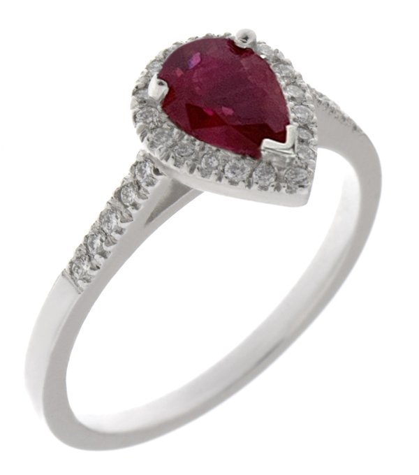 Classic claw set pear shape Ruby with round diamond halo cluster ring main image