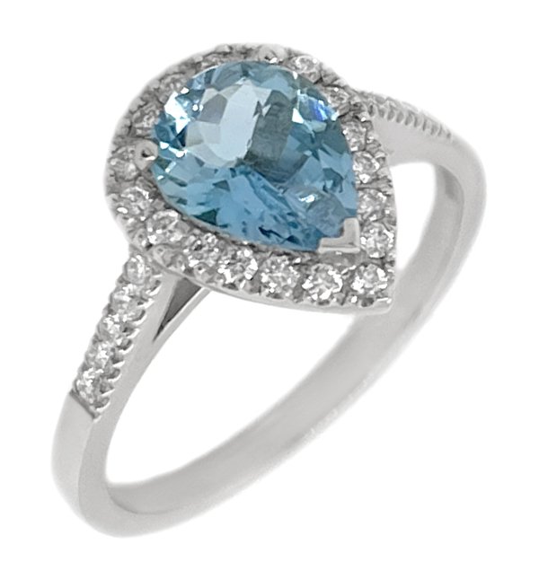 Classic claw set pear shape Aquamarine with round diamond halo cluster ring main image