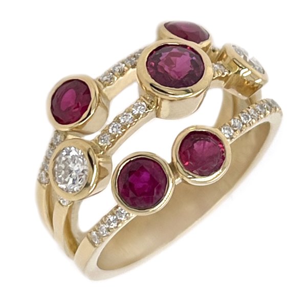 Modern organic round ruby and diamond bubble scatter cluster ring main image