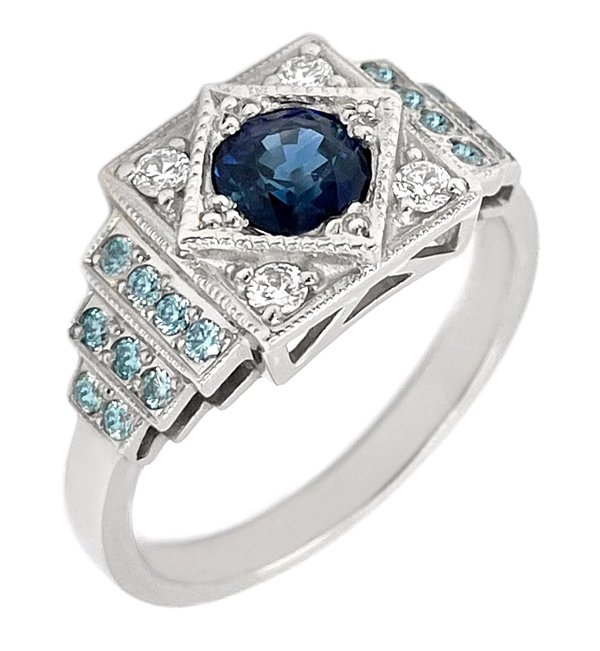 Art Deco style round blue sapphire and blue and white diamond cluster ring main image