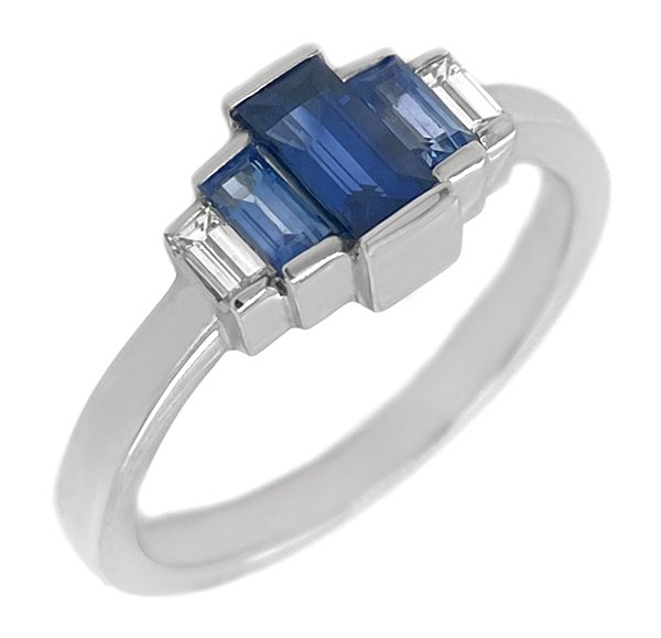 Art Deco style baguette cut blue Sapphire and Diamond bar set ring main image
