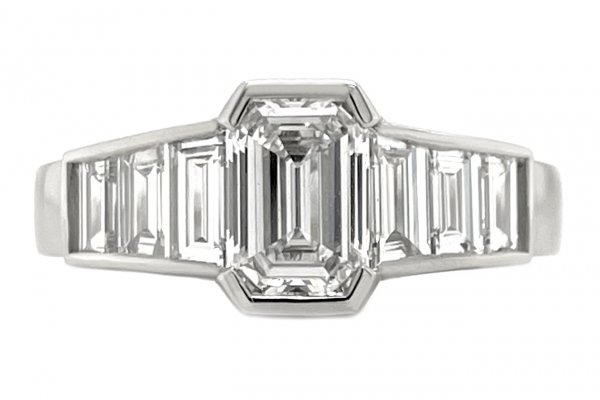 Art Deco style emerald cut and tapered trapeze cut diamond ring top view