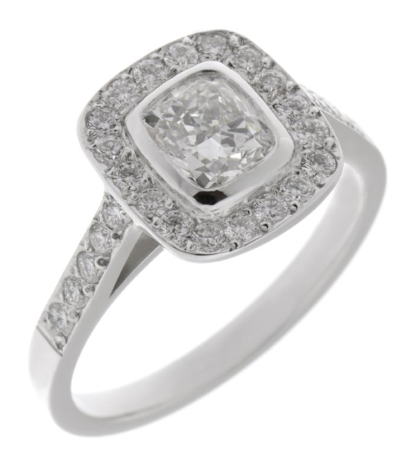 Classic rubover cushion cut diamond halo ring