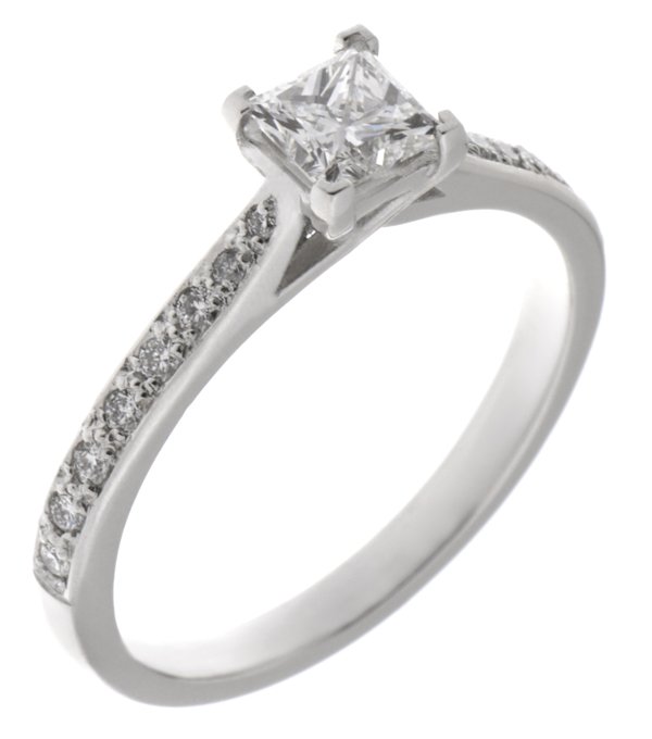 Kiss style princess cut diamond solitaire engagement ring with grain set diamond shoulders
