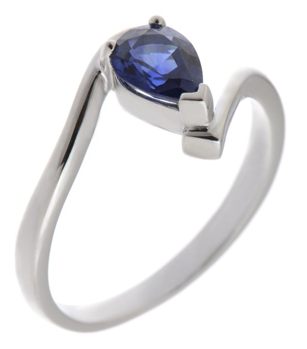 Paris pear shape blue sapphire crossover solitaire ring