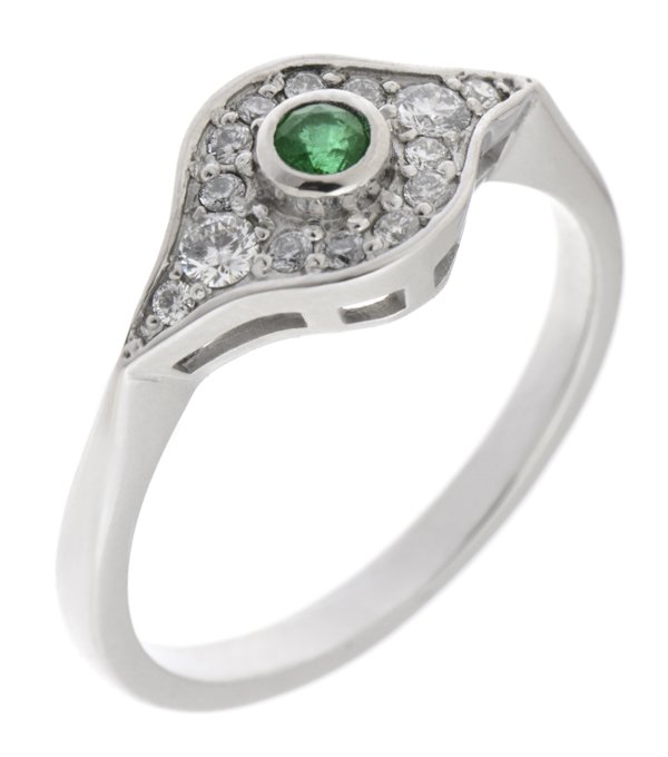Iris art deco round emerald and diamond cluster ring