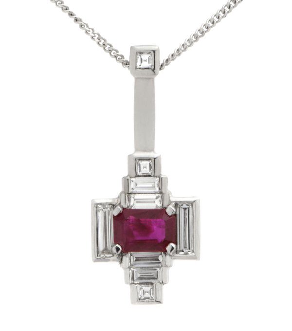 Art deco emerald cut ruby and baguette diamond pendant